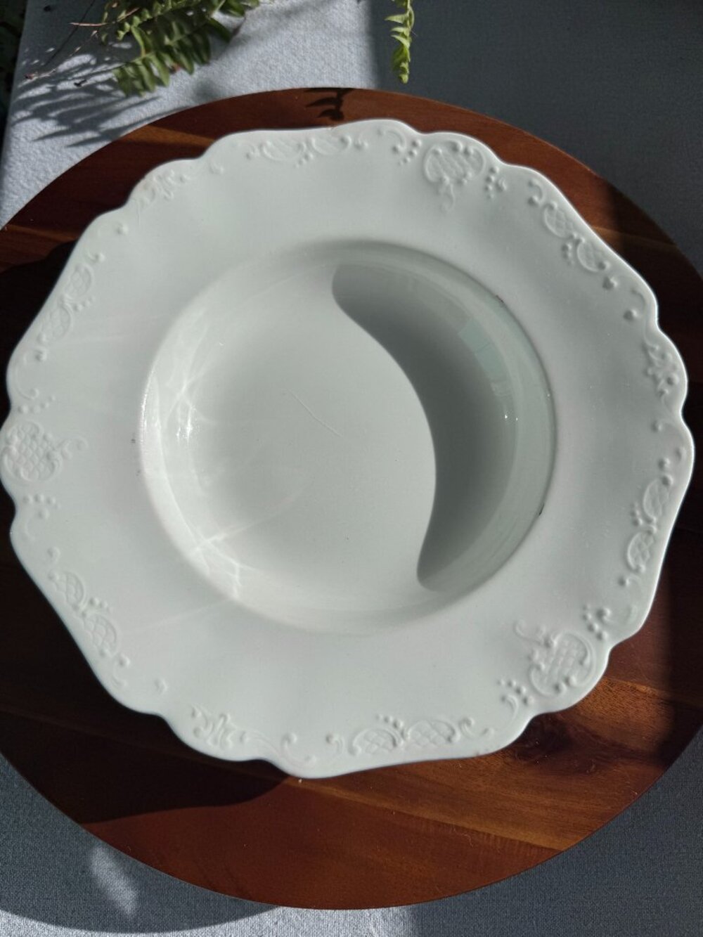 Antique Johnson Bros White Ironstone Soup Bowl with Scalloped Embossed Rim